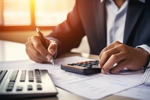 accountant working on desk using calculator to calculate financial report in office business accounting finance concept