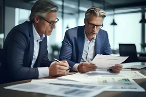 professional executives discussing financial accounting papers working together in office