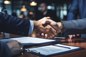 Close up of business people negotiating a contract and shaking hands in agreement during a meeting