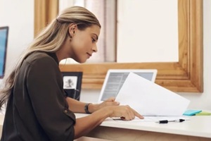 business woman, documents and accountant check report for information, financial data or analysis