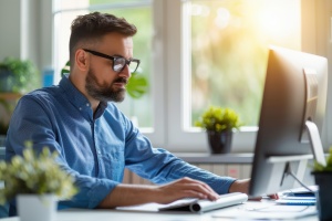 man in blue shirt works at desk using computer in bright office