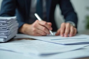 close-up shot of person writing on paperwork pile